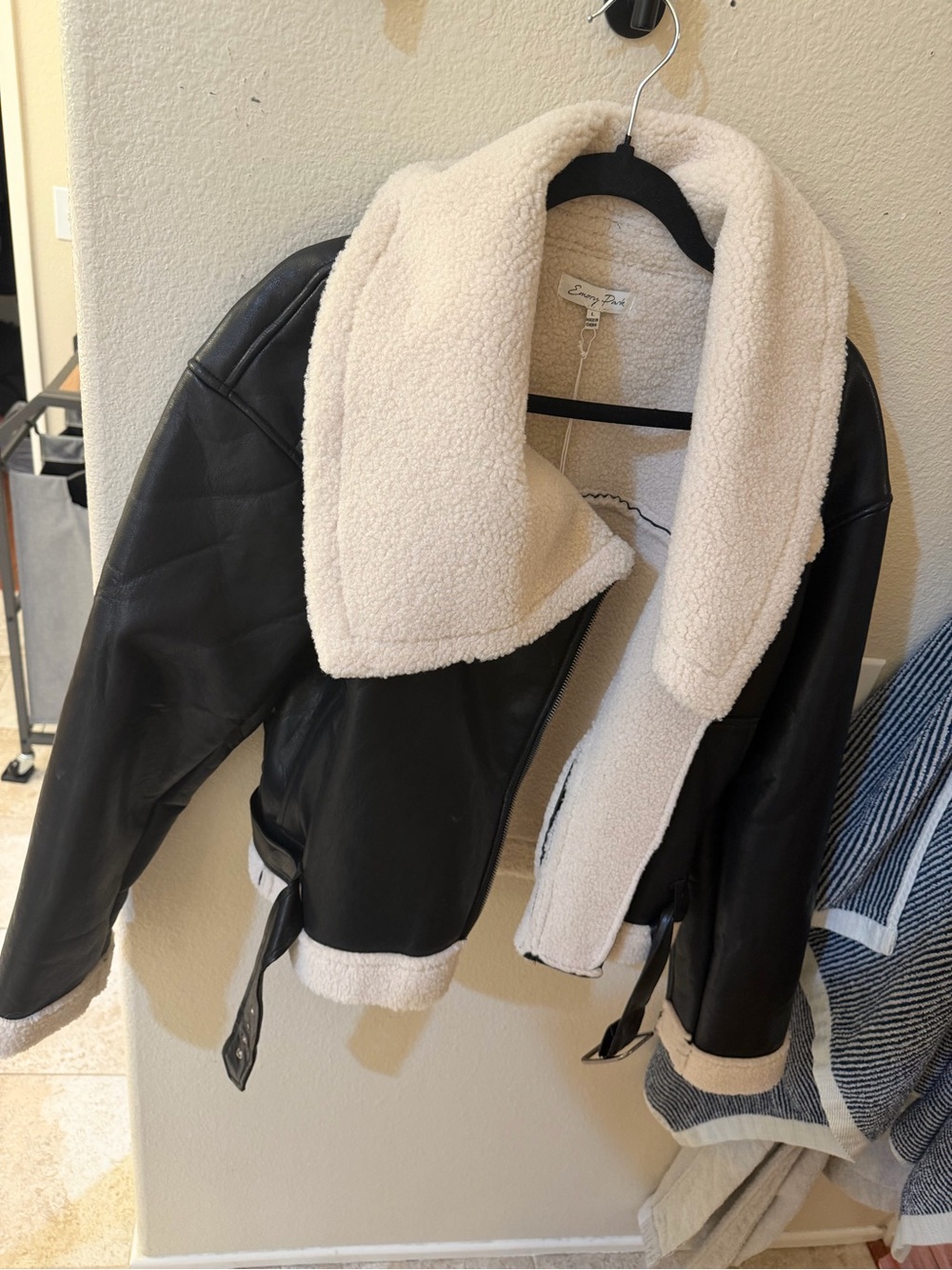emory park Black Leather Aviator Jacket with Cream Sherpa Collar